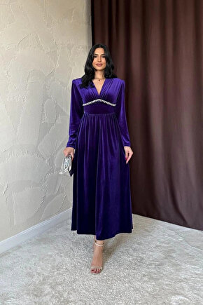 Mor Göğüs Altı Taşlı Elbise