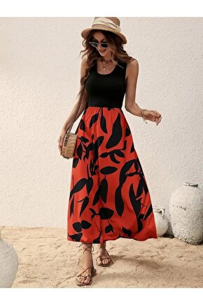 Kadın Askılı Yuvarlak Yaka üst Viskon Alt Desenli Uzun Süprem Elbise