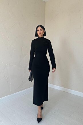 eyesof Siyah Omzu Güllü Düz Elbise
