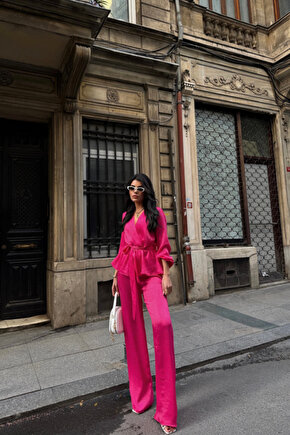 eyesof SATEN KRUVAZE BAĞLAMALI BLUZ- PANTOLON TAKIM - Fuşya