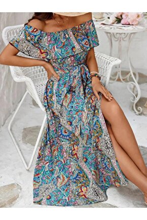 Kadın Kısa Kollu Madonna Yaka Fırfırlı Belden Yırtmaçlı Maksi Süprem Elbise