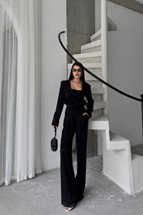 eyesof JAKARLI BLUZU TASARIM DETAYLI CEKET-PANTOLON-BLUZ 3 LÜ TAKIM - Siyah