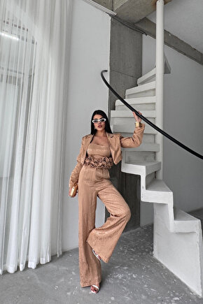 eyesof JAKARLI BLUZU TASARIM DETAYLI CEKET-PANTOLON-BLUZ 3 LÜ TAKIM - Bej