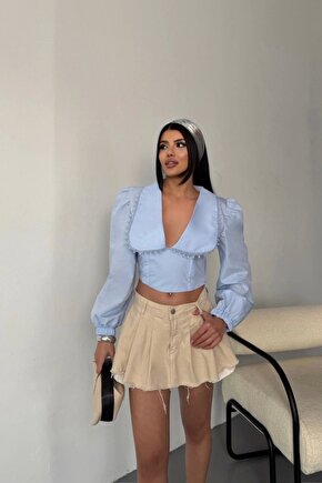 CROP POPLİN GÖMLEK YAKA KENAR DANTEL DETAYLI - Bebe Mavi