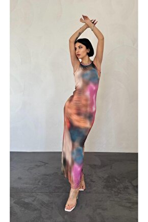 eyesof Bej Batik Desenli Elbise