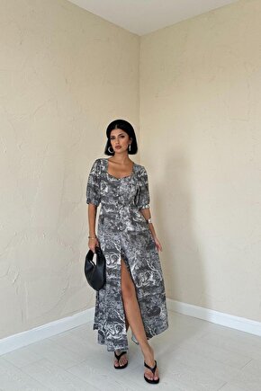 eyesof Haki Önü Düğmeli Kalp Yaka Elbise