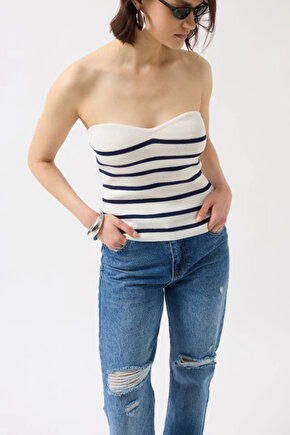 Çizgili Straplez Dokulu Bluz