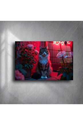 Neon Işıkta Güller Arasında Tüylü Kedi Cam Tablo