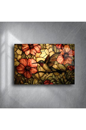 Kuş ve Çiçekli Cam Tablo