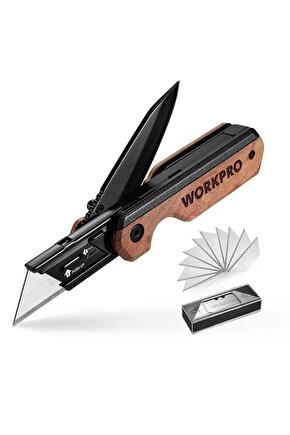 WP211015 2-IN-1 Ahşap Saplı Profesyonel Cep Çakısı & Katlanır Rötuş Maket Bıçağı + 11 Adet Y