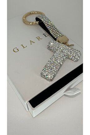 Zirkon Taşlı Simli Lüks T Harf Anahtarlık