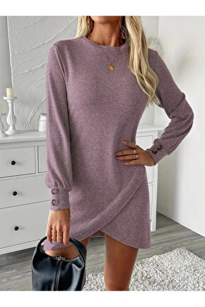 Kadın Uzun Kollu Bisiklet Yaka önden Asimetrik Kesim Detaylı Mini Yumoş Elbise