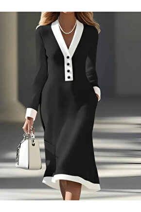 Kadın Uzun Kollu V Yakalı Düğmeli Midi Modal Elbise