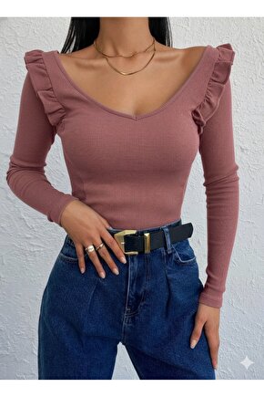 Kadın Omuz Fırfır Detay Uzun Kollu Bluz