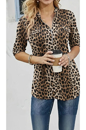 Kadın Uzun Kollu Hakim Yaka Yakadan Fermuarlı Geometrik Desenli Süprem Bluz