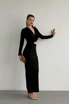 Aksesuarlı Kemerli Drapeli Uzun Elbise