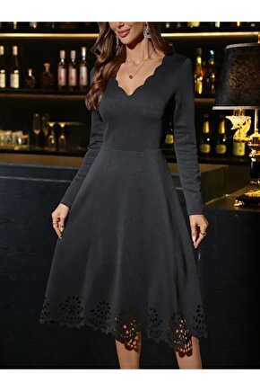 MDB Kadın Uzun Kollu V Yakalı Lazer Kesim Detaylı Midi Ithal Krep Elbise