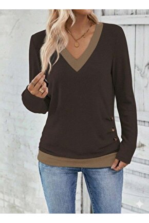 Kadın Uzun Kollu V Yakalı Yandan Düğmeli Yün Viskon Bluz
