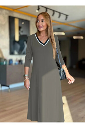 Kadın Uzun Kollu V Yakalı Midi çağla Yeşili Modal Elbise