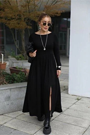 Kadın Kayık Yaka Sırt Dekoltesi Ve Yırtmaç Detay Maxi Boy Elbise