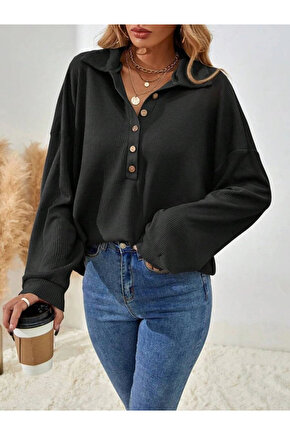Kadın Uzun Kollu Yakalı Düğmeli Salaş Waffle Bluz