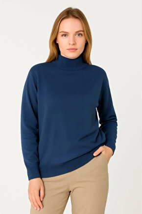 Velmora - Kadın Yarım Boğaz Triko Kazak at Regular kalıp - İndigo