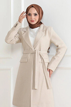 Kadın Kaşe Kaban – Uzun Boy Kruvaze Yaka, Kuşaklı Tesettür Kışlık Kaban, Astarlı Şık Yünlü Dokuma Ov