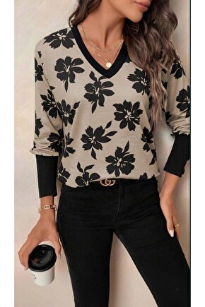 Kadın Uzun Kollu V Yakalı Desenli Süprem Bluz
