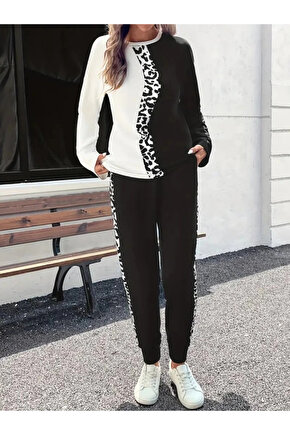 MDB Kadın Uzun Kollu Bisiklet Yaka çift Renkli Viskon Iki Iplik Bluz Ve Pantolon Ikili Takım