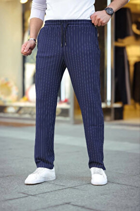 MDB Erkek Cizgili Dokuma Krep Jogger Buggy Pantalon Rahat Kalıp acivert