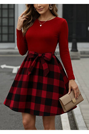 Kadın Uzun Kollu Bisiklet Yaka üst Viskon Alt Ekose Kısa Elbise