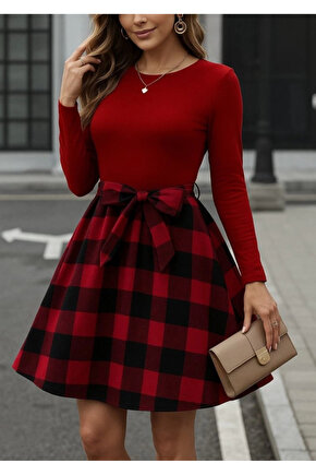 Kadın Uzun Kollu Bisiklet Yaka üst Viskon Alt Ekose Kısa Elbise