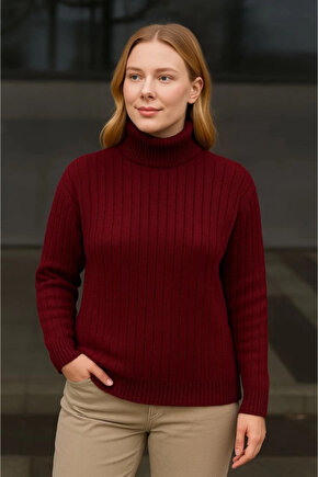 Balıkcı Yaka Bağazlı Triko Kazak Pamuklu Kalın Fitilli Dokuma - Bordo