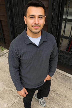 Erkek Fitilli Polar Sweatshirt – Düğmesiz Polo Yaka, Oversize Rahat Kalıp, Kalın Polar Kumaş, Kışlık