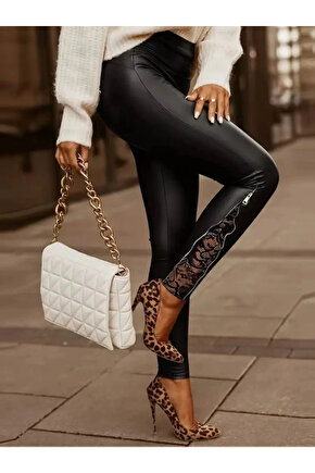 Kadın Yüksek Bel Yandan Yırtmaçlı Dantel Detaylı Deri Tayt