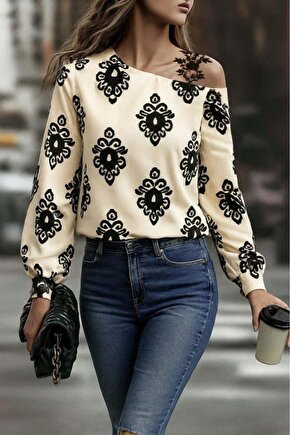 Kadın Askılı Uzun Kollu Omuzlardan Açık Desenli Mosskrep Bluz