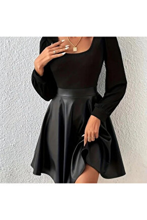 Kadın Uzun Kollu Kare Yaka üst Viskon Alt Deri Mini Elbise