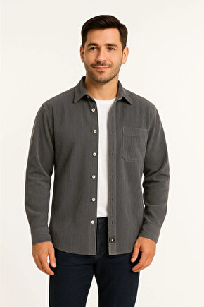 MDB Erkek Fitilli Kadife Cepli Gömlek Oversize Rahat Kalıp Füme