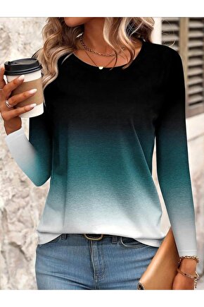 Kadın Uzun Kollu Bisiklet Yaka Desenli Süprem Bluz