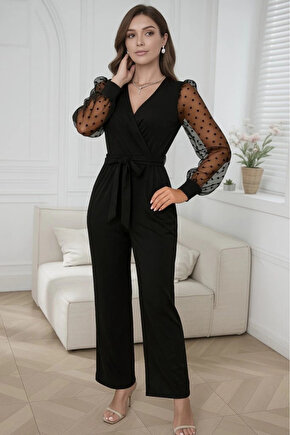 MDB Kadın Uzun Kollu Kolları Tül Detaylı Kruvaze Yakalı Beli Kuşaklı Ithal Krep Tulum