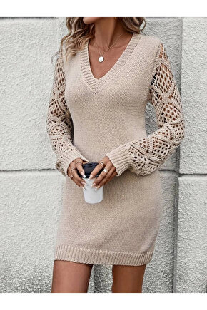 Kadın Uzun Kollu V Yakalı Mini Triko Elbise