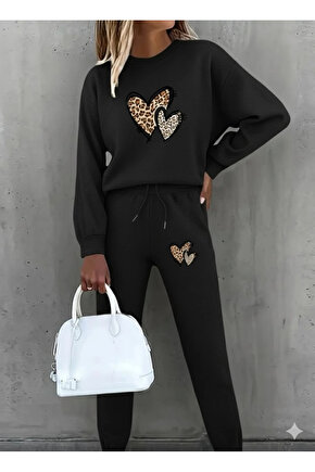 Kadın Uzun Kollu Bisiklet Yaka Kalp Desenli şardonlu üç Iplik Bluz Ve Pantolon Ikili Takım