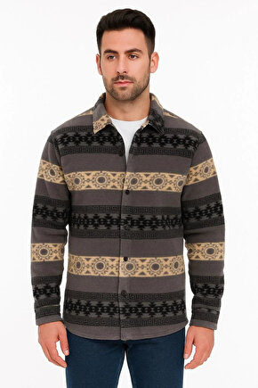 Erkek Desenli Polar Gömlek – Etnik Şerit Desen Yakalı, Uzun Kollu, Düğmeli, Oversize Rahat Kalıp - F