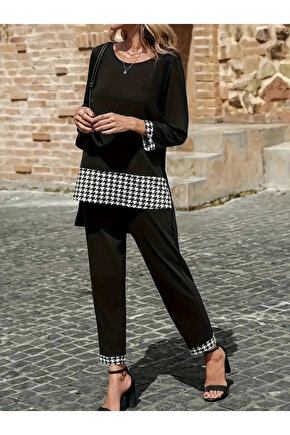 Kadın Uzun Kollu Yuvarlak Yakalı Kaz Ayağı Detaylı Viskon Iki Iplik Bluz Ve Pantolon Ikili Takım