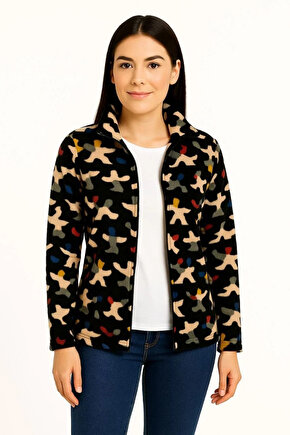 Kadın Tam Fermuarlı Desenli Polar Sweat – Siyah Multicolor Figür Desen Yakalı, Uzun Kollu, Oversize