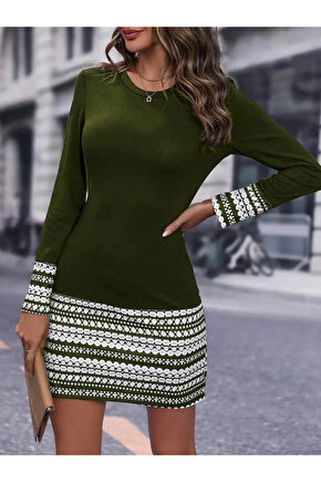 Kadın Uzun Kollu Bisiklet Yaka Kol Ağzı Ve Etek Ucu Baskılı Iki Iplik Elbise