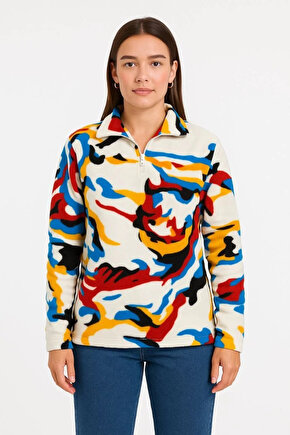 Kadın Yarım Fermuarlı Desenli Polar Sweat – Renkli Abstract Desen Yakalı, Uzun Kollu, Oversize Rahat