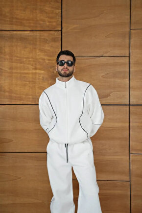 Erkek Premium Parçalı Eşofman Takım - Dik Yaka Fermuarlı Biyeli Sweatshirt Lastik Paça Alt, Oversize