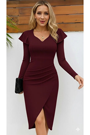 Kadın Uzun Kollu Kalp Yaka önden çapraz Detaylı Midi Ithal Krep Elbise