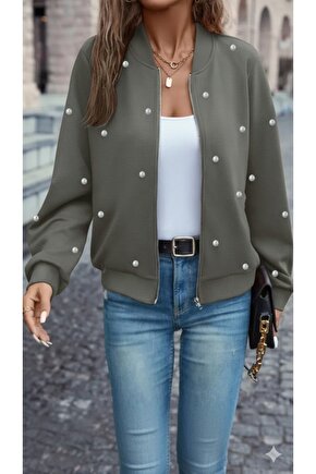 eyesof Kadın Uzun Kollu önden Fermuarlı Incili Kısa Modal Ceket